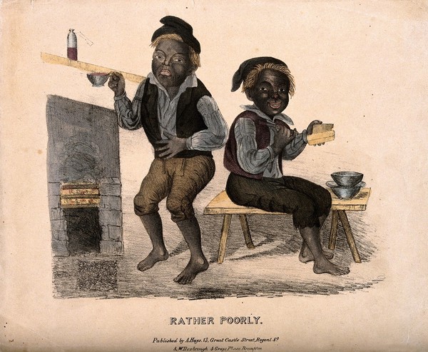 Two chimney sweeps, one of them is feeling ill and taking medicine. Coloured lithograph.