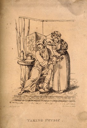 An ill man reluctantly taking his medicine. Etching by W.H. Brooke after R. Dagley.
