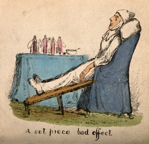 view An invalid strapped into a special chair, next to him is a table full of medicine bottles. Coloured lithograph.