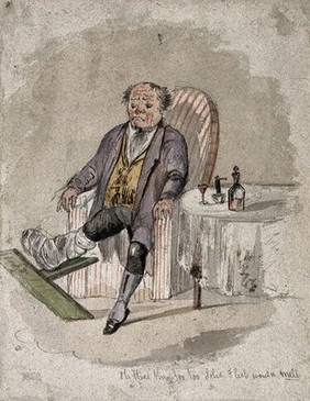 A seated gouty man with his bandaged leg on a gout stool. Coloured pencil drawing.