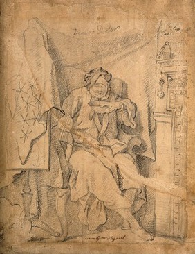 An ill man seated by a fireplace vomiting into a bowl. Pencil drawing.