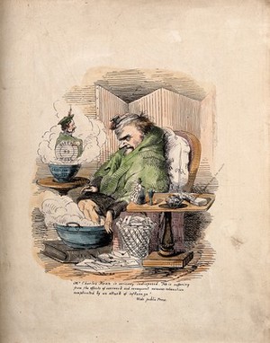 view Charles Kean, ill with flu. Coloured etching.