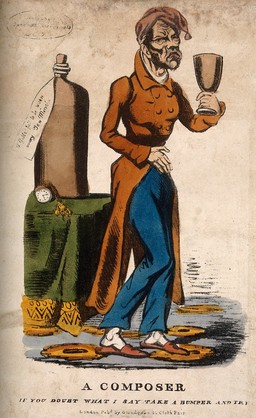 A disgruntled ill man taking a large dose of medicine. Coloured lithograph.