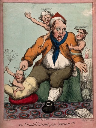 A decrepit man screaming in pain from gout, rheumatism and catarrh; represented as three tormenting devils. Coloured etching by J. Cawse, 1809, after G.M. Woodward.