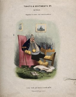 A disgruntled gouty man with all limbs bandaged, a table covered in medicine bottles is next to him. Coloured lithograph by H. Heath.