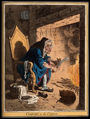 view A haggard old woman taking a large file to the corns on her feet. Coloured etching by J. Gillray, 1800, after himself.