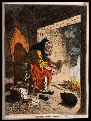 A haggard old woman taking a large file to the corns on her feet. Coloured etching by J. Gillray, 1800, after himself.
