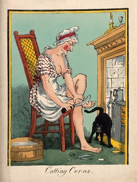 A woman taking a large knife and scissors to the corns on her feet. Coloured lithograph after J. Gillray.