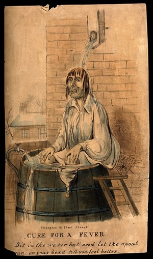 view A man self-administering hydrotherapy, sitting outside in a barrel. Coloured lithograph.