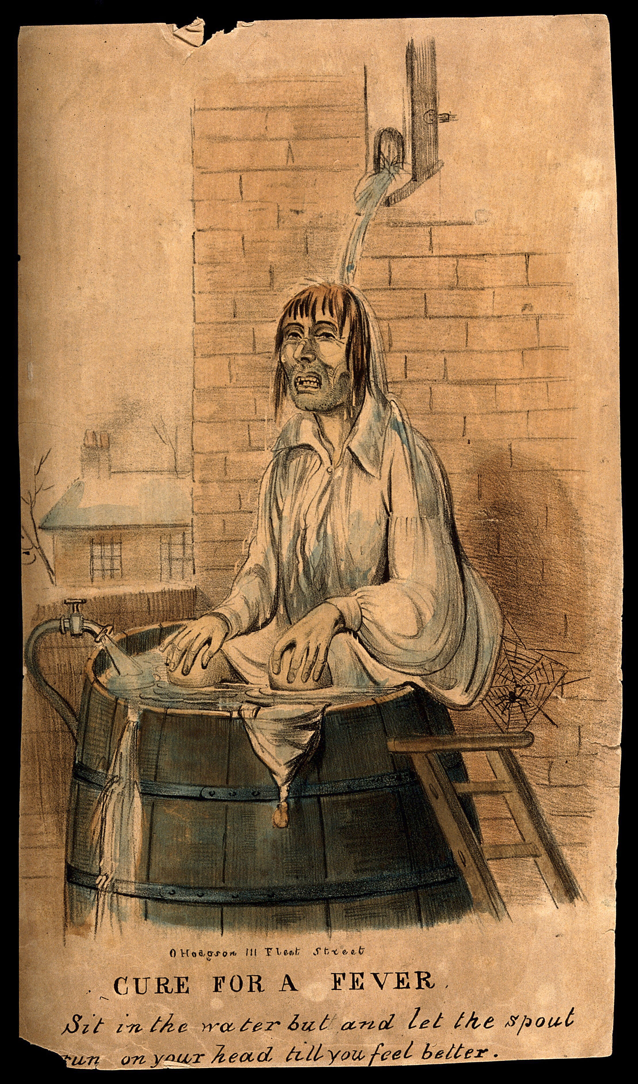 A man self-administering hydrotherapy, sitting outside in a barrel. 