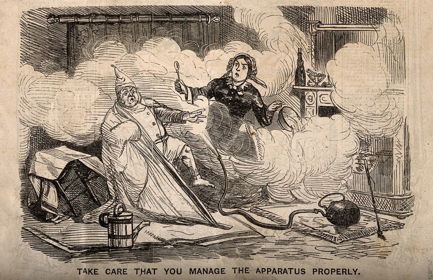 A man being given a steam bath that is going drastically wrong. Wood engraving.