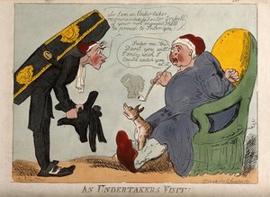 view An undertaker visiting a sick man in the hope of gaining a new client. Coloured etching after R. Newton.