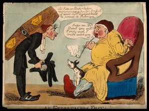 view An undertaker visiting a sick man in the hope of gaining a new client. Coloured etching after R. Newton.