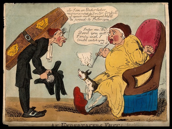 An undertaker visiting a sick man in the hope of gaining a new client. Coloured etching after R. Newton.