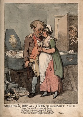 A man cavorting with a young woman, while his recently deceased wife lies in a coffin in the background. Coloured etching by T. Rowlandson, 1802.