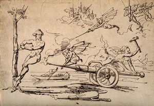 view An army of demons armed with clysters, one of which is a huge cannon, attack a man tied to a tree; suggesting the awful experience of having an enema. Pen drawing.