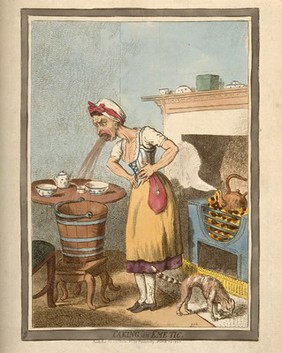 A woman holding her stomach and vomiting into a bucket after self administering an emetic. Coloured etching by I. Cruikshank, 1800.