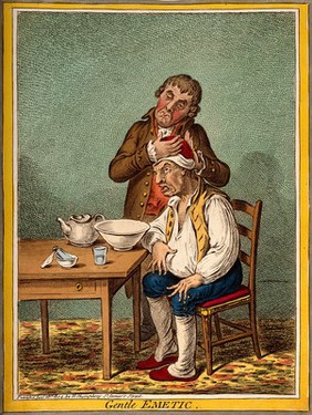 A grimacing invalid seated before a bowl having received an emetic, another man clasps his head compassionately. Coloured etching by J. Gillray, 1804, after J. Sneyd.