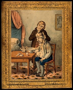 A grimacing invalid seated before a bowl having received an emetic, another man clasps his head compassionately. Coloured etching after J. Gillray after J. Sneyd.