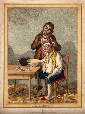 A grimacing invalid seated before a bowl having received an emetic, another man clasps his head compassionately. Coloured etching after J. Gillray after J. Sneyd.