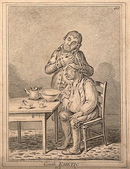A grimacing invalid seated before a bowl having received an emetic, another man clasps his head compassionately. Etching by J. Gillray, 1804, after J. Sneyd.