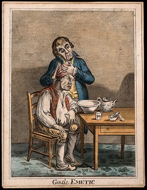 view A grimacing invalid seated before a bowl having received an emetic, another man clasps his head compassionately. Coloured etching after J. Gillray after J. Sneyd.