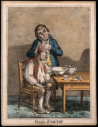 A grimacing invalid seated before a bowl having received an emetic, another man clasps his head compassionately. Coloured etching after J. Gillray after J. Sneyd.