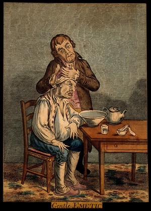 view A grimacing invalid seated before a bowl having received an emetic, another man clasps his head compassionately. Coloured etching after J. Gillray after J. Sneyd.