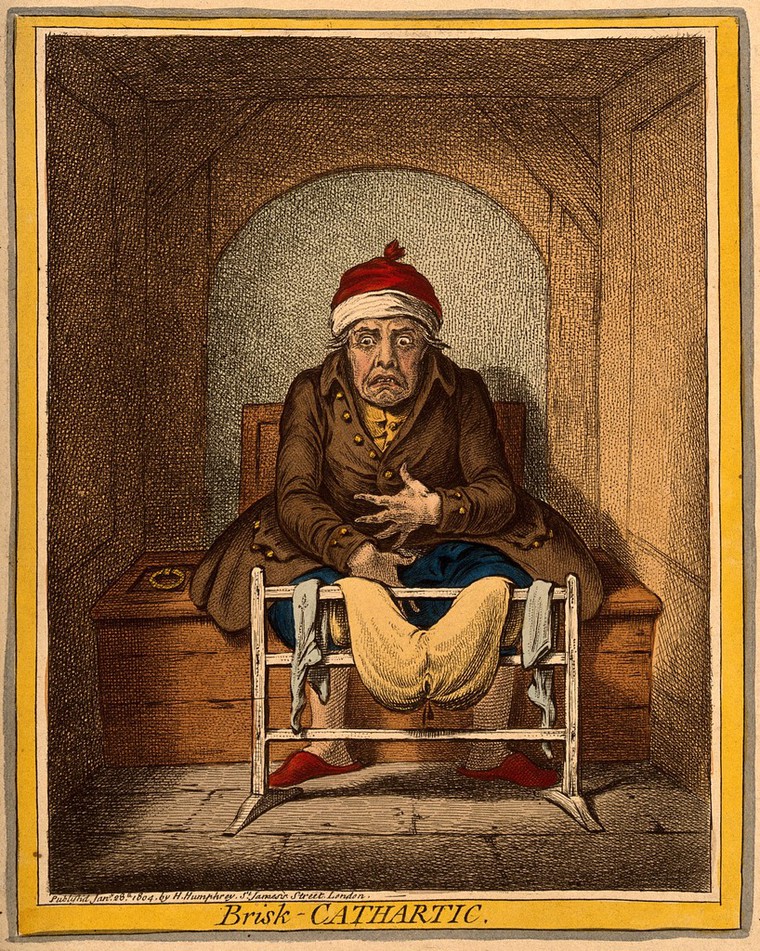 A sick man stranded on the toilet after taking a laxative. Coloured etching  by J. Gillray, 1804, after J. Sneyd. | Wellcome Collection