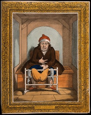 view A sick man stranded on the toilet after taking a laxative. Coloured etching after J. Gillray after J. Sneyd.