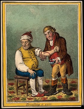 An ill man being bled by a surgeon. Coloured etching by J. Gillray, 1804, after J. Sneyd.