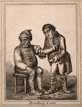 An ill man being bled by a surgeon. Coloured etching after J. Gillray, 1804, after J. Sneyd.