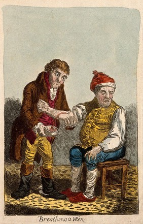 An ill man being bled by a surgeon. Coloured etching after J. Gillray, 1804, after J. Sneyd.