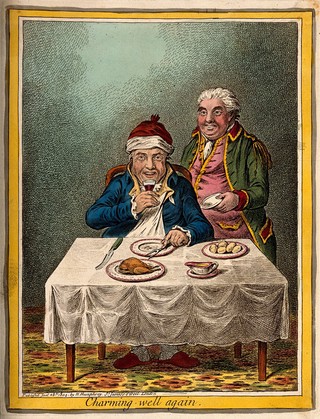 A convalescing man happily eating a meal, assisted by his grinning servant. Coloured etching by J. Gillray, 1804, after J. Sneyd.
