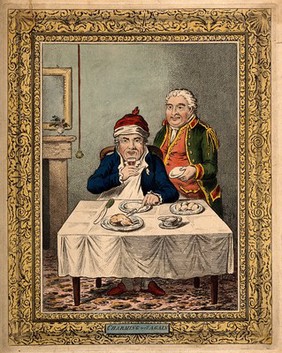 A convalescing man happily eating a meal, assisted by his grinning servant. Coloured etching by J. Gillray, 1804, after J. Sneyd.