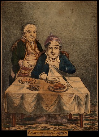 A convalescing man happily eating a meal, assisted by his grinning servant. Coloured etching by J. Gillray, 1804, after J. Sneyd.