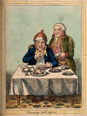 A convalescing man happily eating a meal, assisted by his grinning servant. Coloured etching by J. Gillray, 1804, after J. Sneyd.