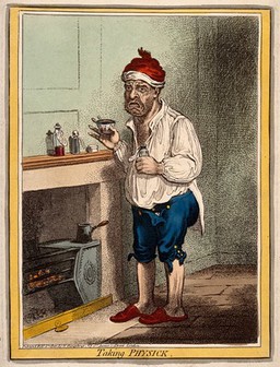 A man standing by a fire place, pulling a peculiar face after taking some medicine. Coloured etching by J. Gillray, 1800.
