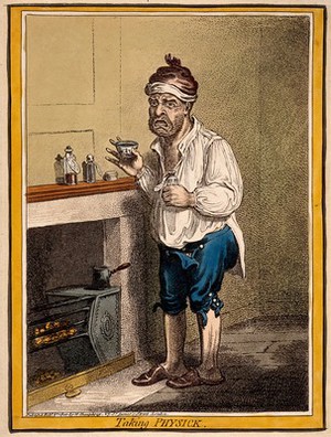 view A man standing by a fire place, pulling a peculiar face after taking some medicine. Coloured etching by J. Gillray, 1800.