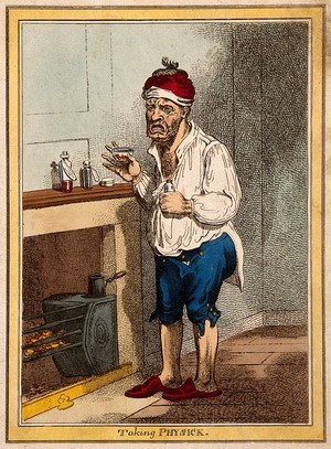 view A man standing by a fireplace, pulling a peculiar face after taking some medicine. Coloured etching after J. Gillray.