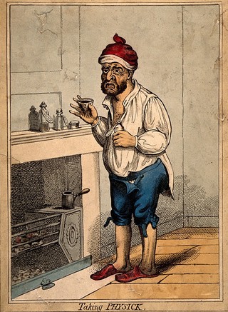 A man standing by a fireplace, pulling a peculiar face after taking some medicine. Coloured etching after J. Gillray.