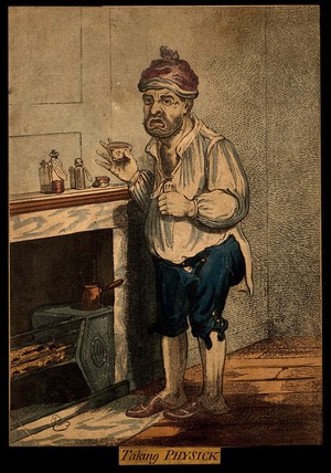 view A man standing by a fireplace, pulling a peculiar face after taking some medicine. Coloured etching after J. Gillray.