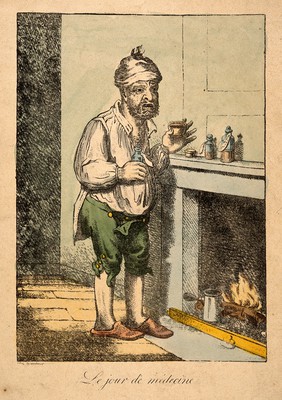 A man standing by a fireplace, pulling a peculiar face after taking some medicine. Coloured etching after J. Gillray.