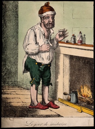 A man standing by a fireplace, pulling a peculiar face after taking some medicine. Coloured etching after J. Gillray.