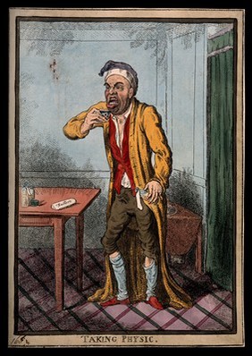 A man pulling a peculiar face as he is about to take some medicine. Coloured etching by I. Cruikshank, 1801, after J. Gillray.