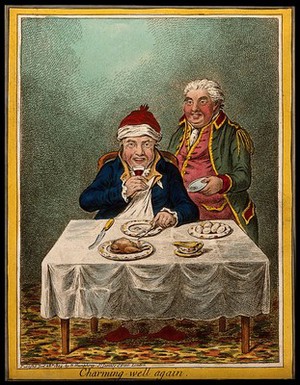 view A convalescing man happily eating a meal, assisted by his grinning servant. Coloured etching by J. Gillray, 1804, after J. Sneyd.