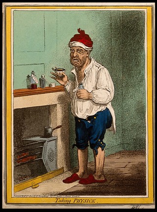 A man standing by a fire place, pulling a peculiar face after taking some medicine. Coloured etching by J. Gillray, 1800.