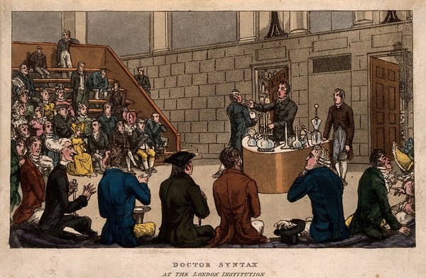 Doctor Syntax attending a scientific demonstration at the Royal Institution, London. Coloured aquatint by T. Rowlandson after W. Combe.