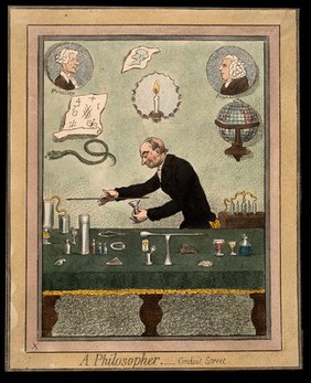 Adam Walker, a natural philosopher, performing scientific experiments. Coloured etching after J. Gillray, 1796.