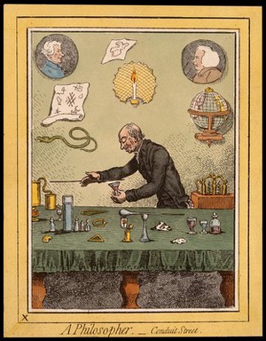 view Adam Walker, a natural philosopher, performing scientific experiments. Coloured etching after J. Gillray, 1796.